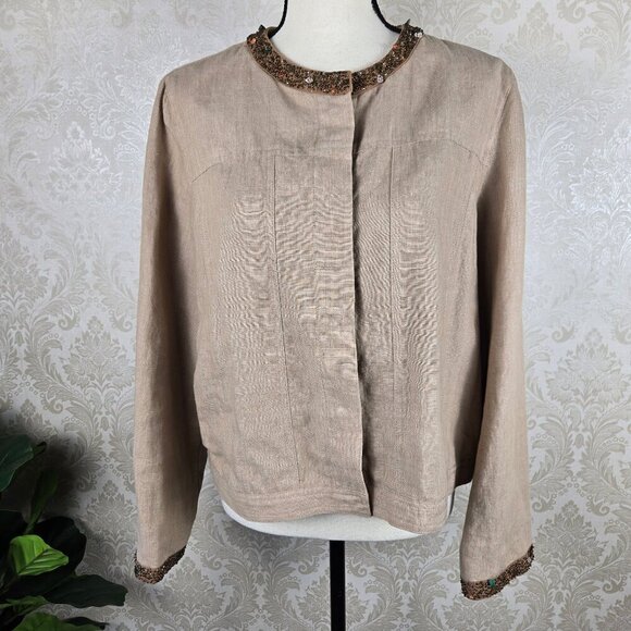 Carole Little Petite Size PXL Tan Linen Jacket Snap Front Beaded Detail Lined - Picture 1 of 12